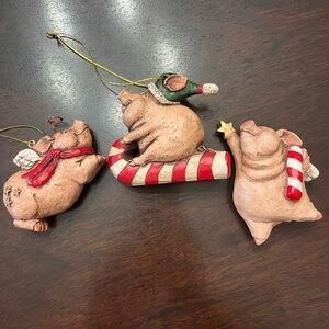 Whimsical Pig Ornament Trio - Cream and Red
